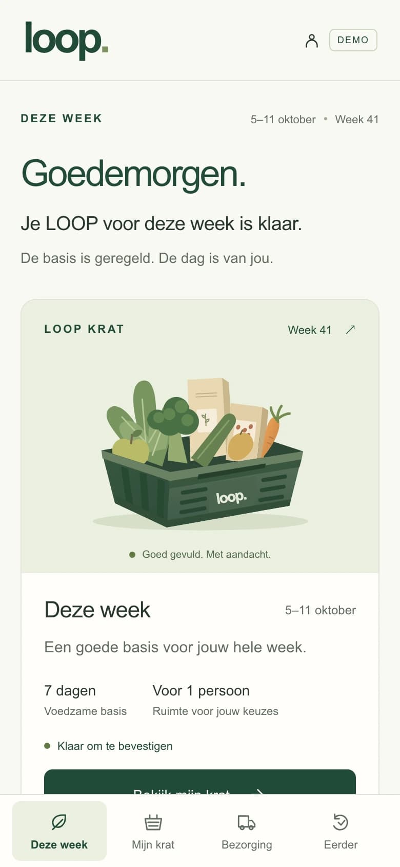 Echte screenshot van Demo v0.1: Goedemorgen, deze week, de LOOP krat en de mobiele navigatie